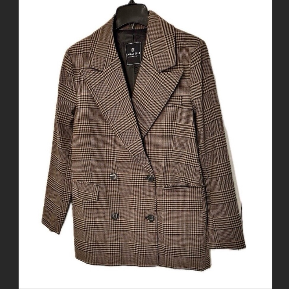 Brown and Black Plaid Double-Breasted Blazer - Sz Med